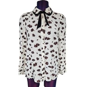 Joinus White & Maroon Floral Print Button Front‎ Blouse Size Medium Women's L16